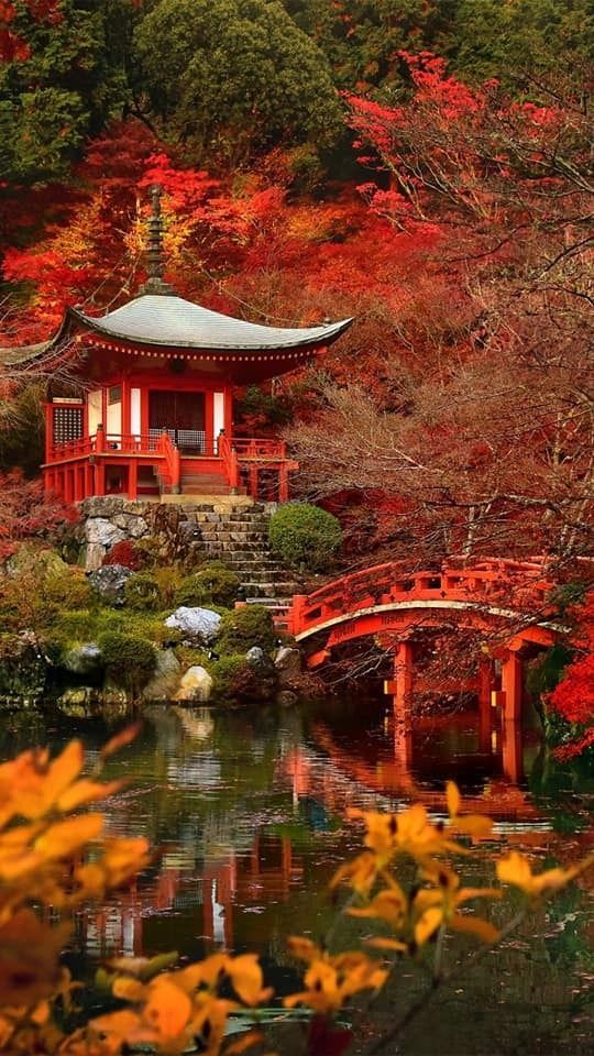 Daigo-ji temple with red bridge in autumn